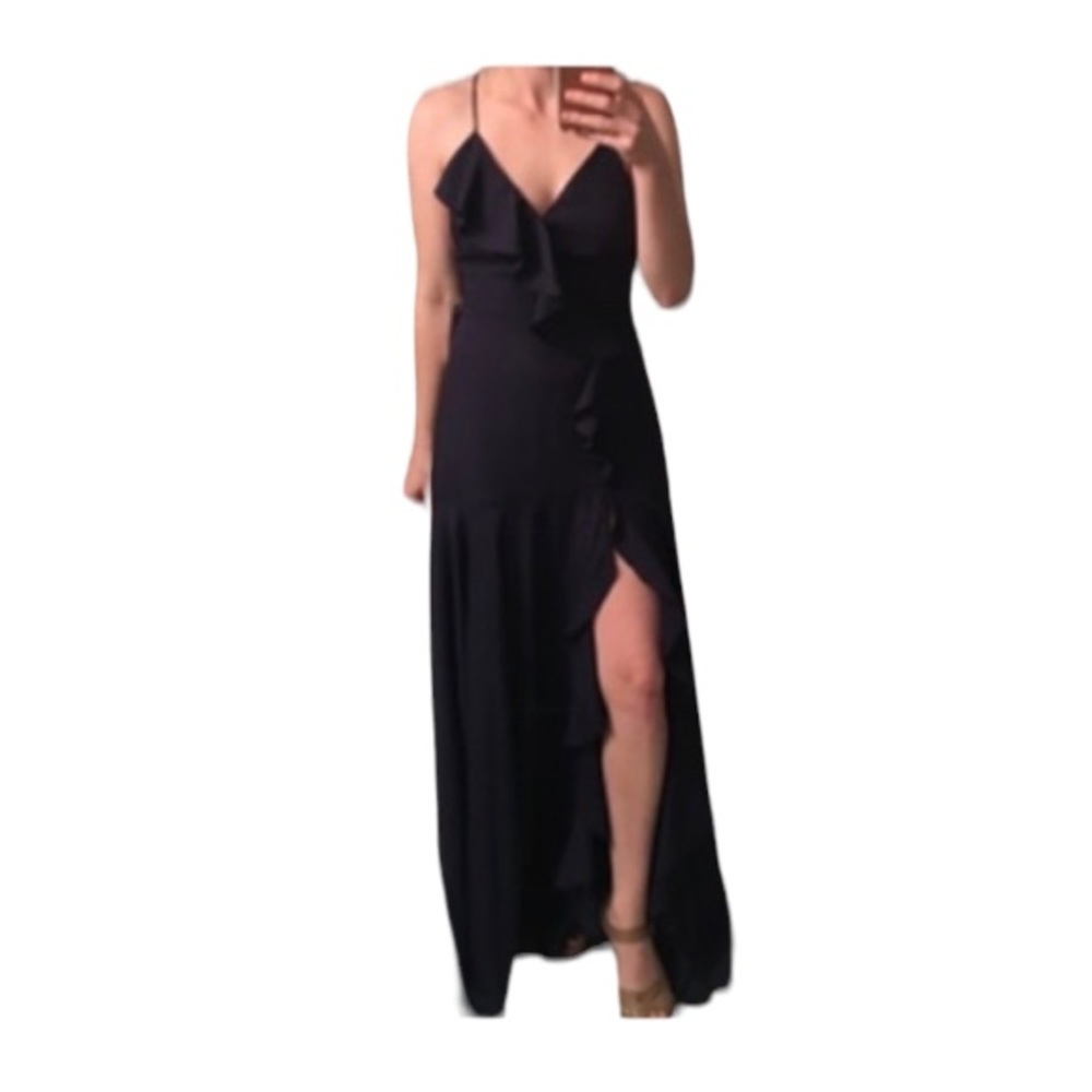 Gianni Bini Ruffled Navy Blue Formal Dress High Slit